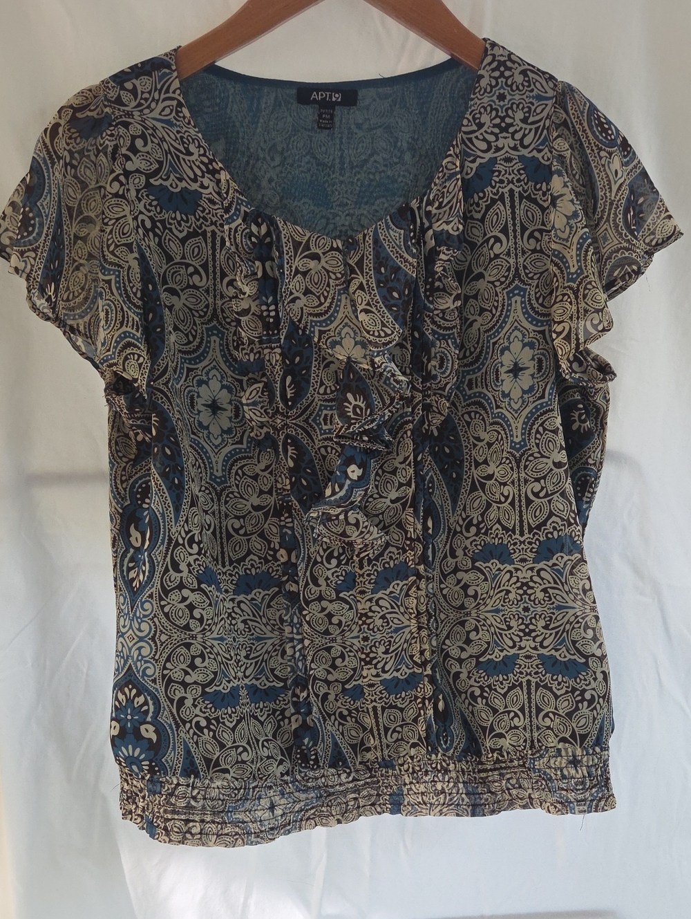 Apt. 9 Teal and Cream Paisley Ruffle Short-Sleeve Blouse